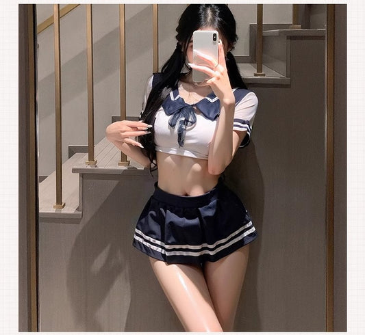 sexy sailor outfit for women Cosplay costume lingerie Roleplay Schoolgirl babydoll Anime Navy JK Uniform blouse Dress top Tie Plaid Mini Skirt Thong Set Blue